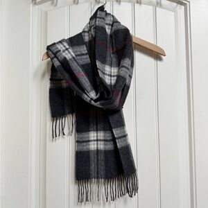 Pure New Wool Grey Cream and Red Scarf. 65” by 12” with 4” tassels